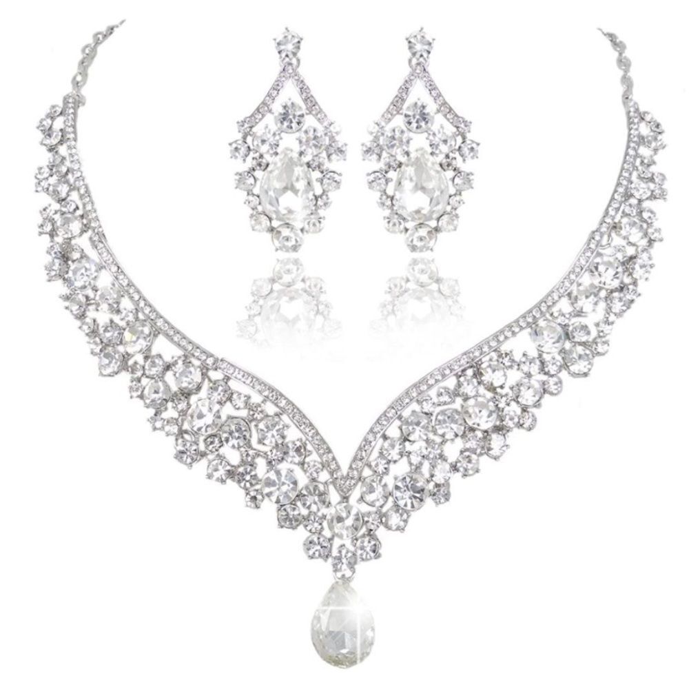 Silver & White Diamond Austrian Crystal Teardrop V Shape Necklace & Earrings Set